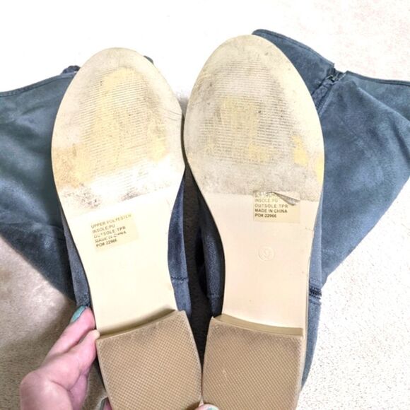 Grey Suede Boots Wide Calf w/ Braided Tassel Wood Stack Heel - Like New - Picture 8 of 12